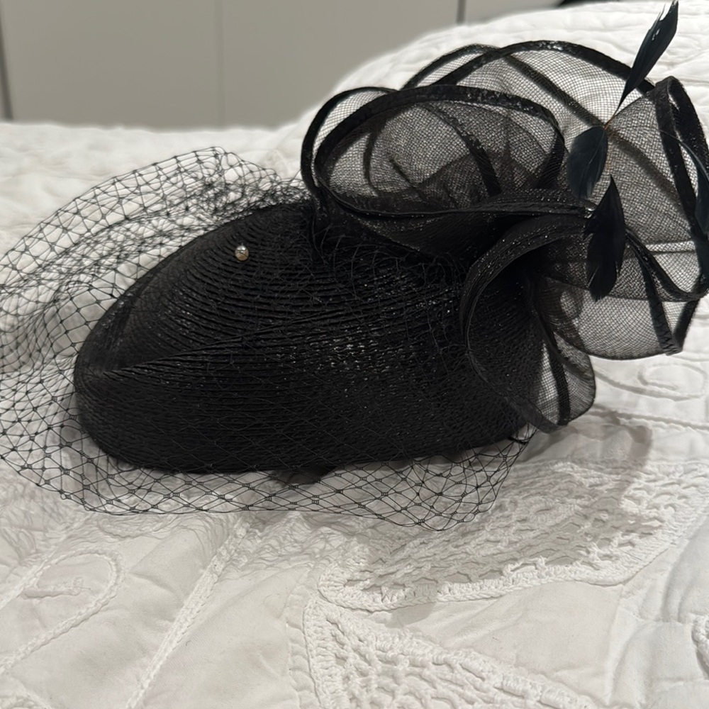 Black Hat fedora Sculptural Design and Curled edge Ribbons/trim feathers church